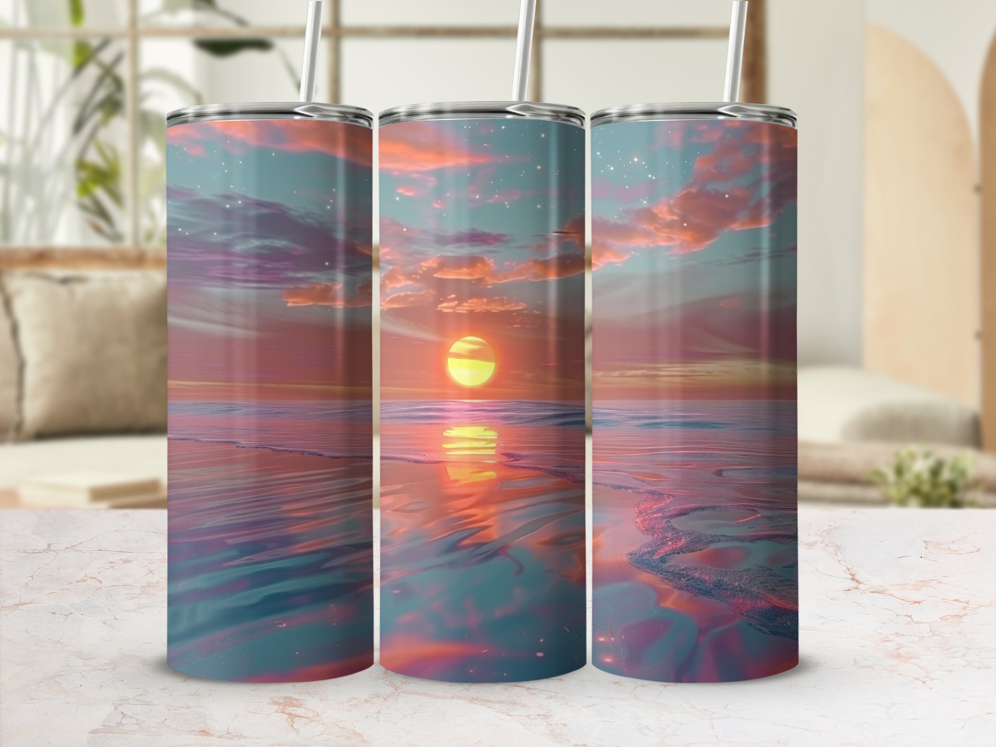 Sunset over ocean with colorful sky, reflected on water.