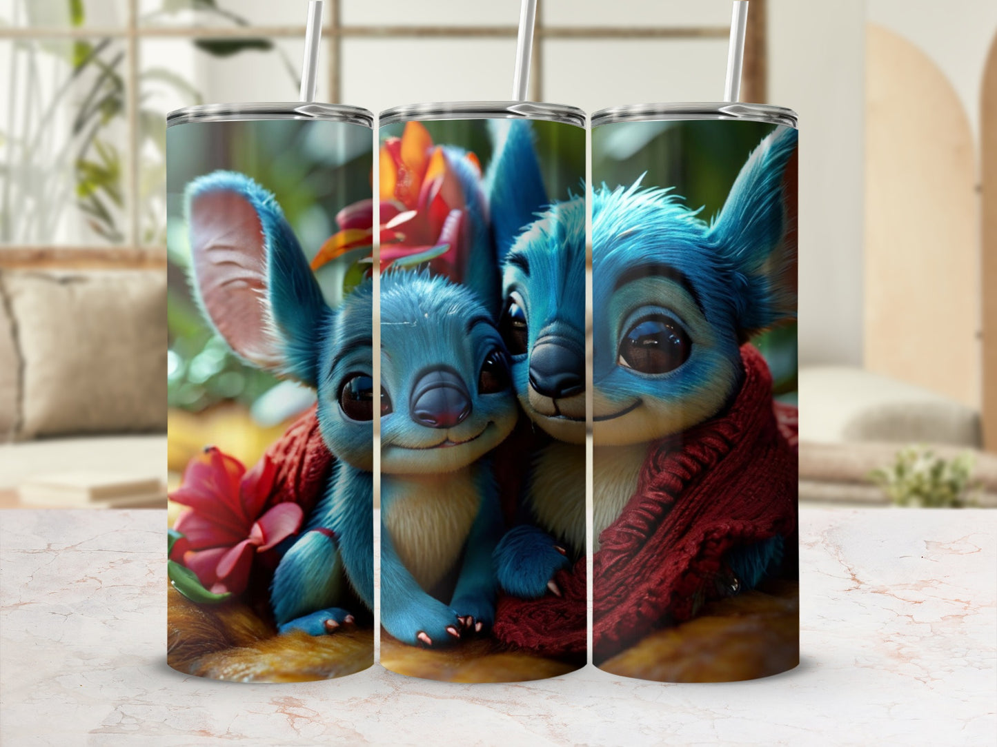 Two cartoon blue creatures, Stitch, wrapped in red scarves, snuggled together.