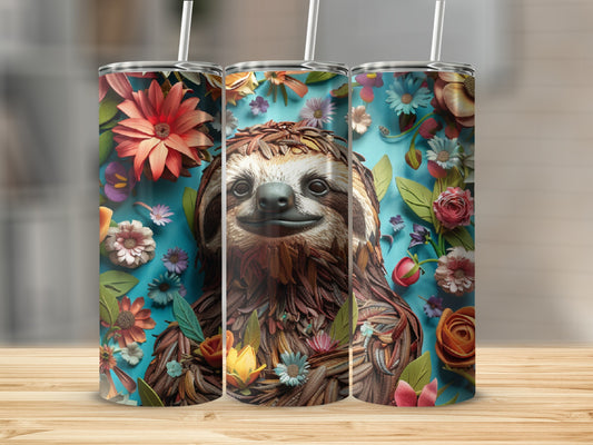 Sloth with floral accents on a white tumbler, shown in three vertical views.