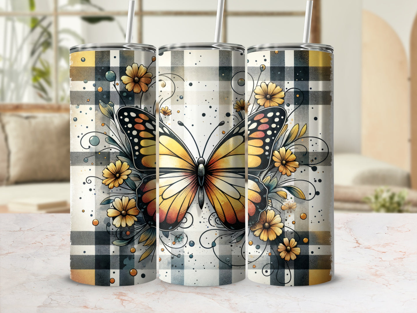 Three tumblers featuring a butterfly and floral plaid design.