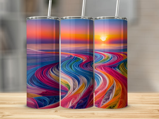 Three tumblers with a colorful, wavy landscape design against a sunset.