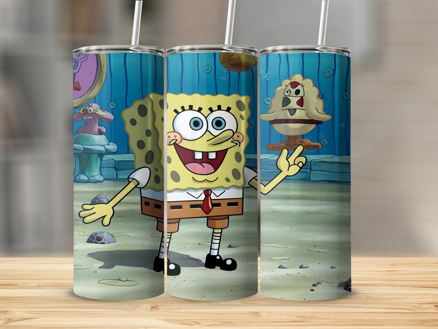 SpongeBob SquarePants holding a Krabby Patty on a stand.