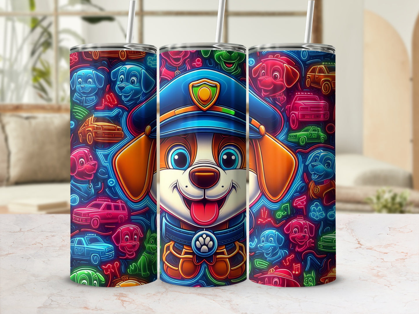 Colorful Cartoon Dog with Cars Print Tumbler