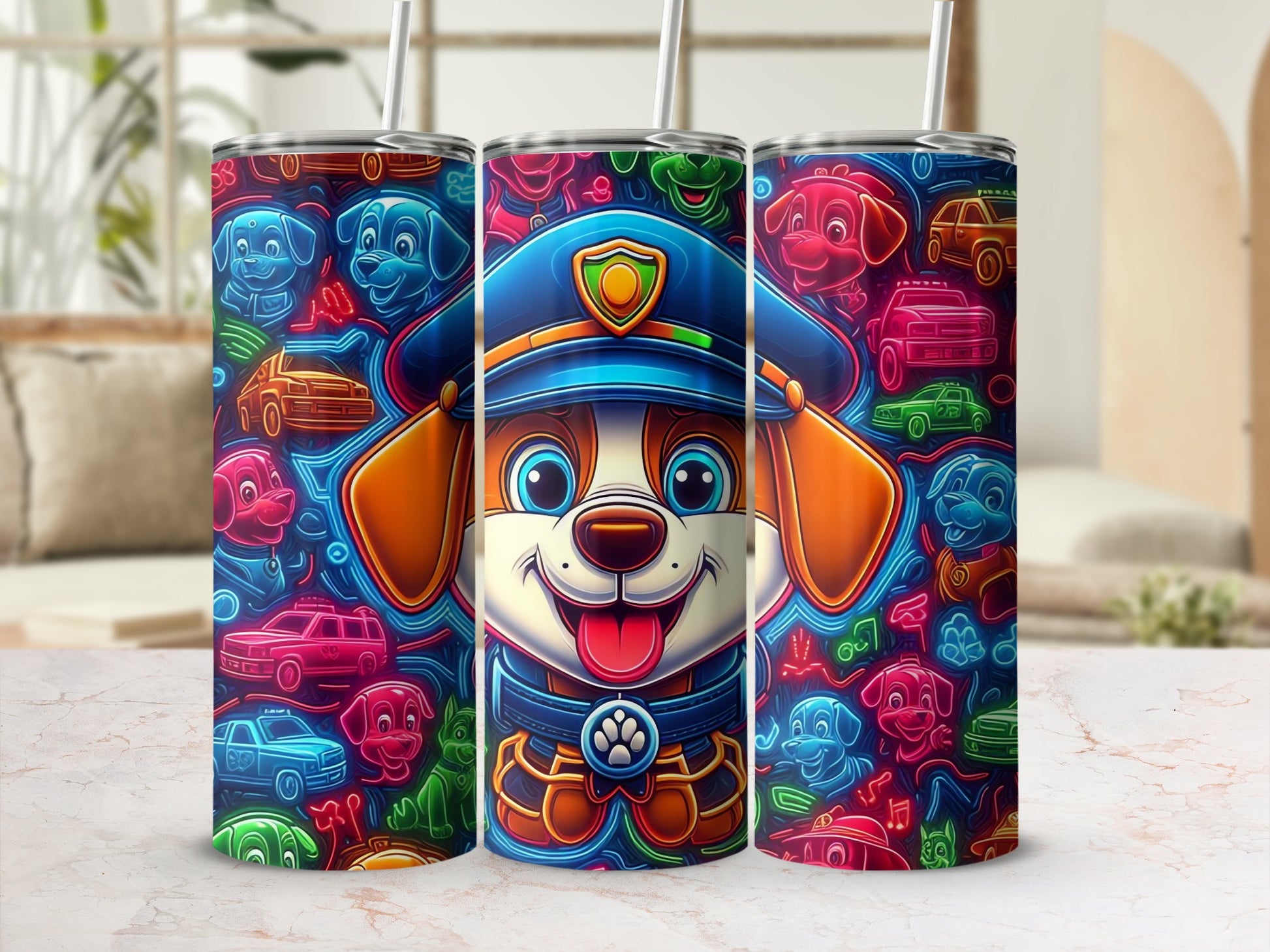 Colorful Cartoon Dog with Cars Print Tumbler