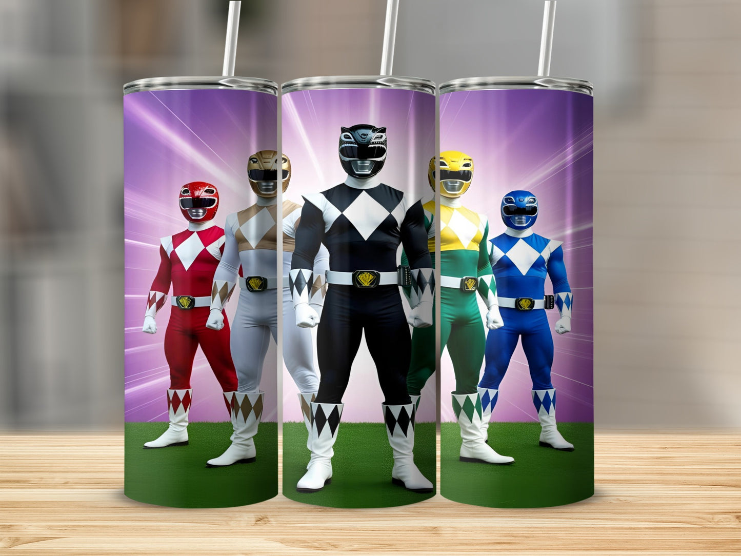 Three Power Rangers standing on green grass against a purple background.