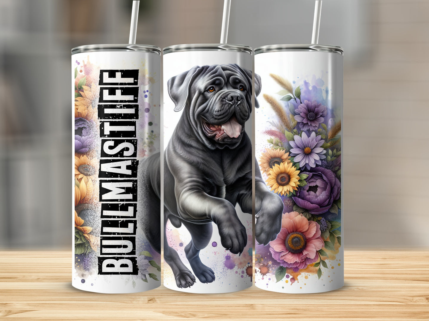 Bullmastiff dog art on sublimation tumbler with sunflowers and floral accents.