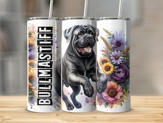 Bullmastiff dog art on sublimation tumbler with sunflowers and floral accents.