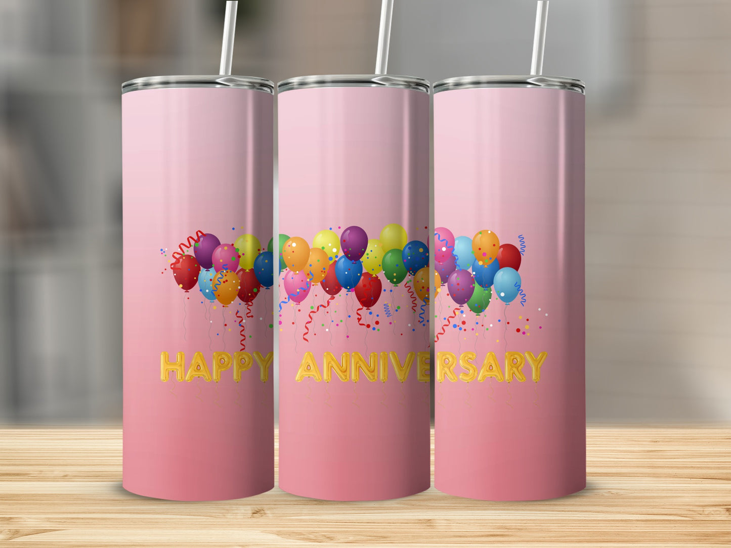 Pink gradient tumbler with "Happy Anniversary" text and colorful balloons.