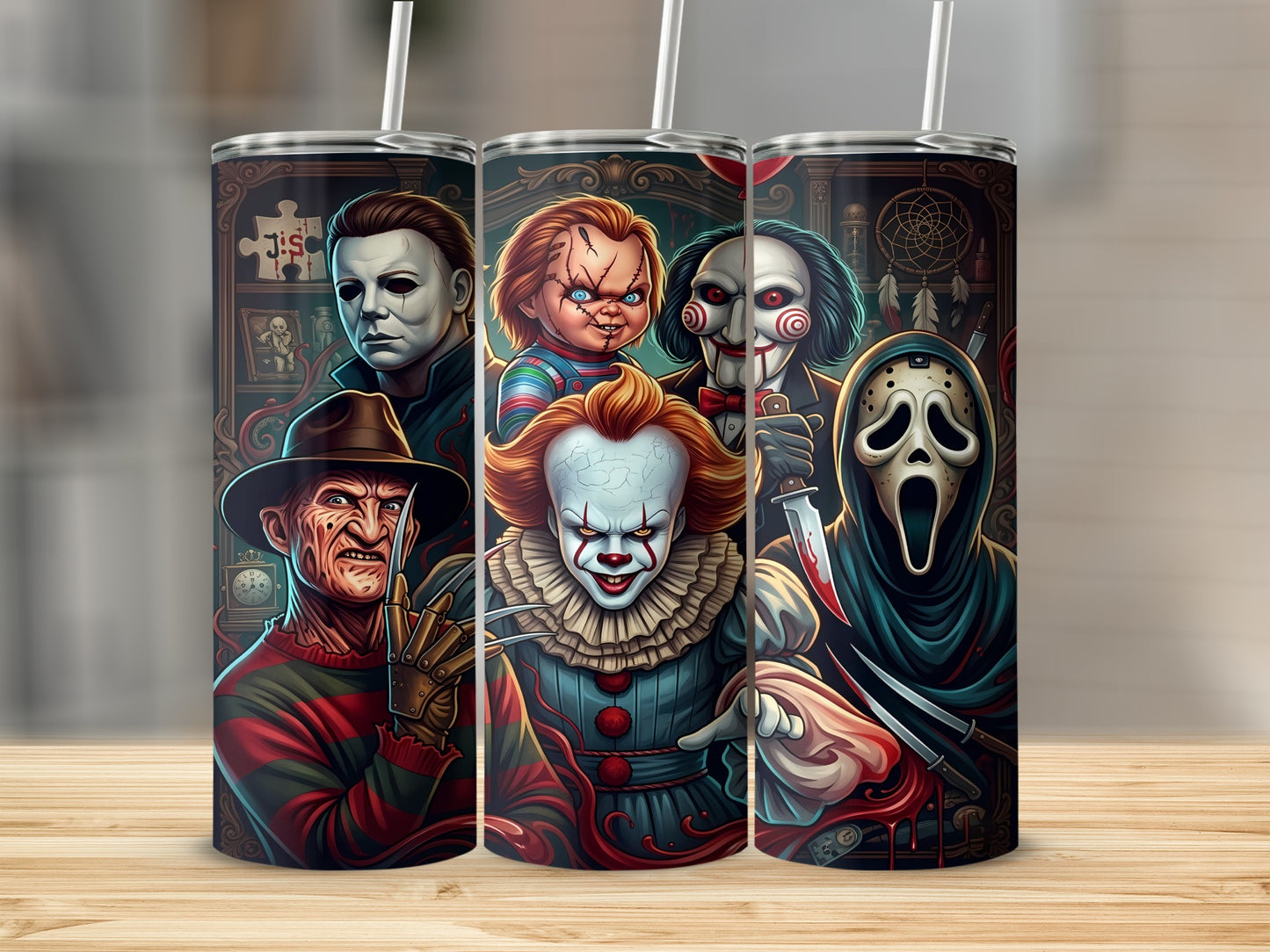 Horror movie villains Freddy Krueger, Michael Myers, Chucky, Pennywise, Jigsaw, and Ghostface on a tumbler.