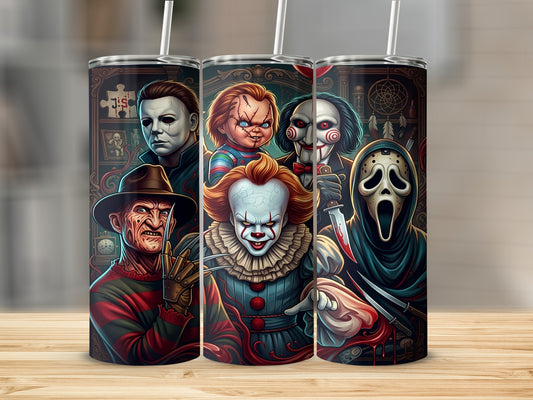 Horror movie villains Freddy Krueger, Michael Myers, Chucky, Pennywise, Jigsaw, and Ghostface on a tumbler.