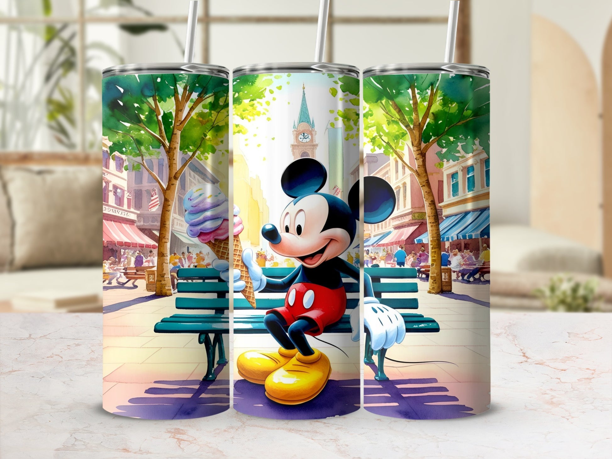 Mickey Mouse on a bench holding an ice cream cone in a park.