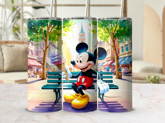 Mickey Mouse on a bench holding an ice cream cone in a park.