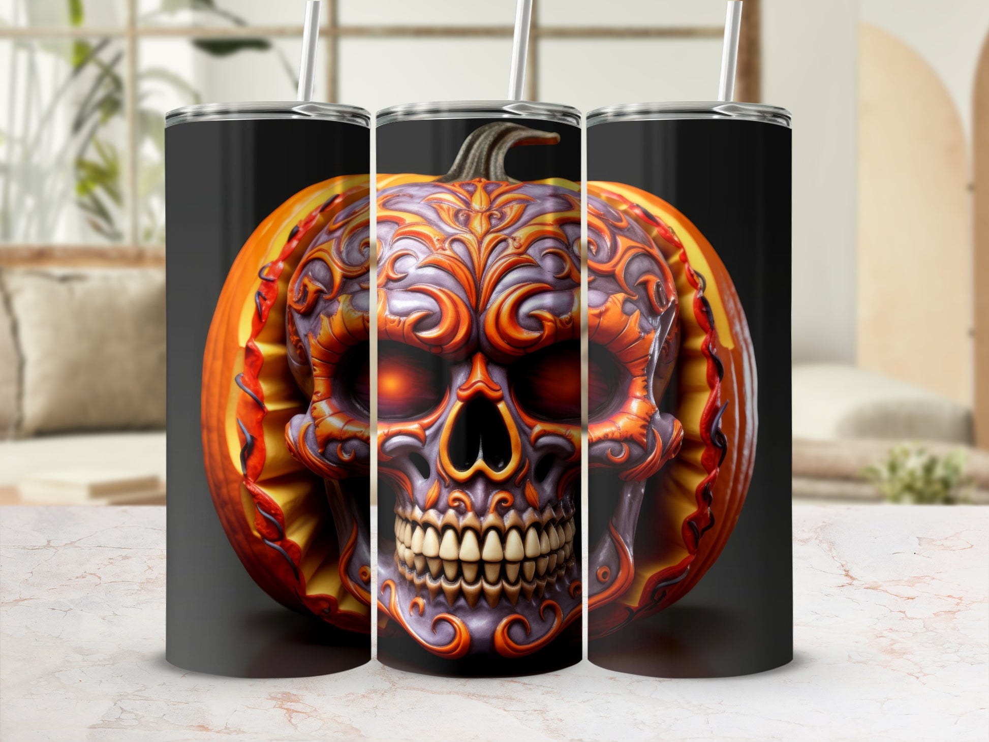 Three tumblers display a Halloween pumpkin carved into a detailed skull.