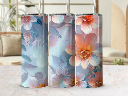Three tumblers with floral designs, featuring peach and blue petals and leaves.