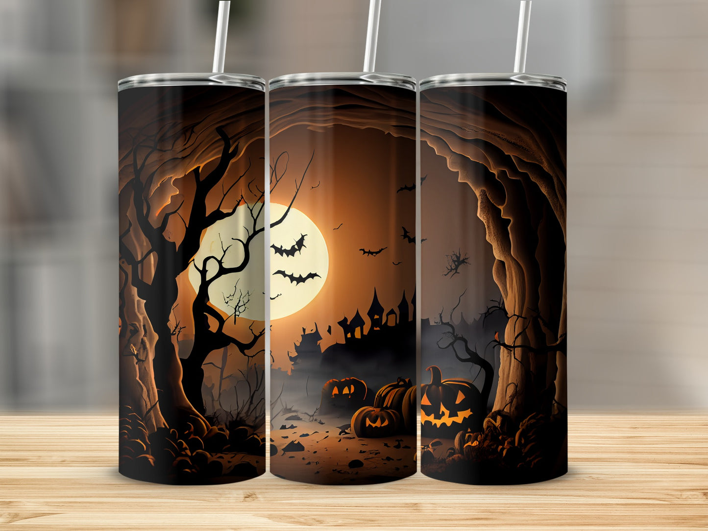 Three tumblers display a spooky Halloween scene with pumpkins, bats, and haunted castles.
