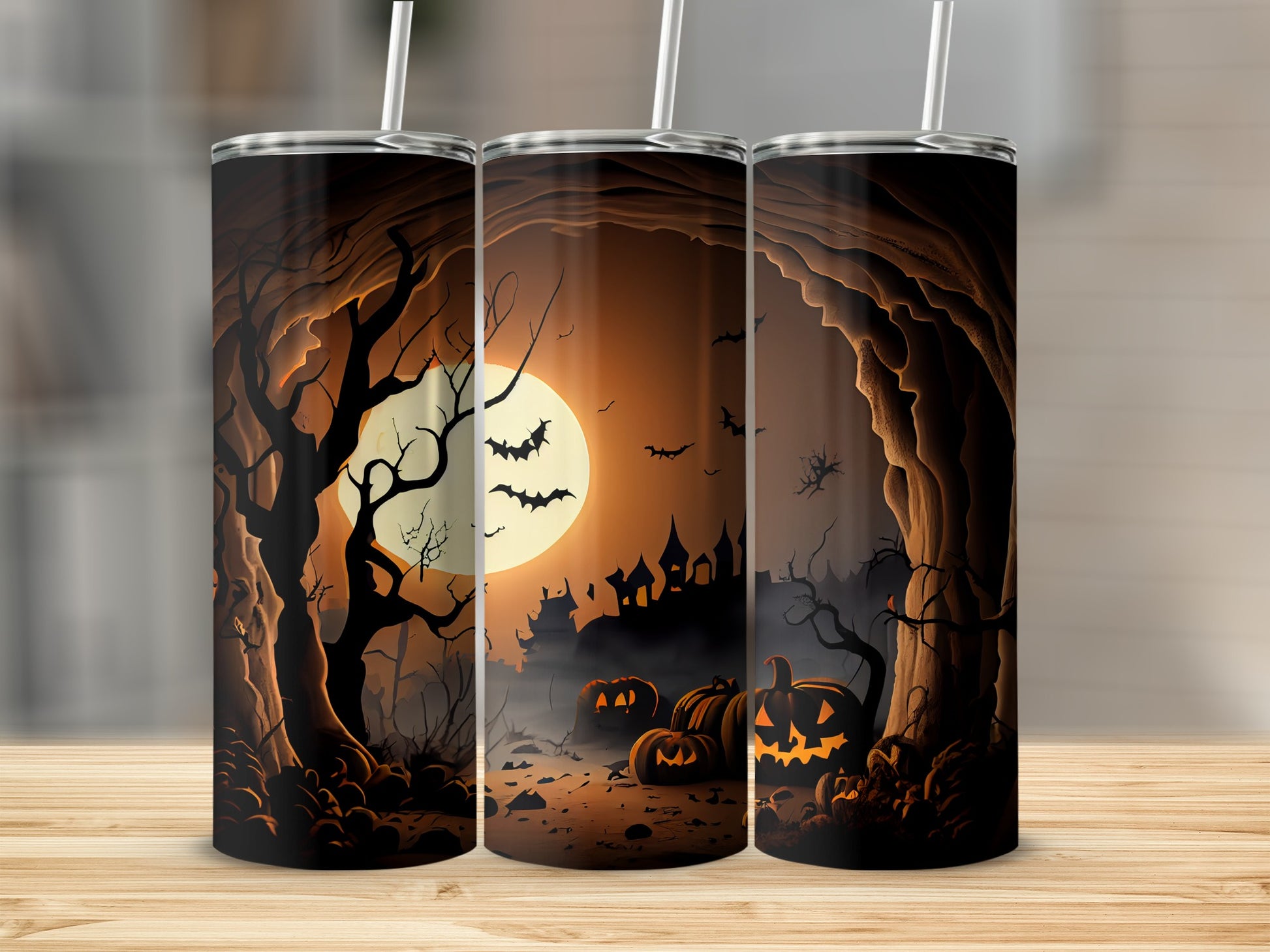 Three tumblers display a spooky Halloween scene with pumpkins, bats, and haunted castles.