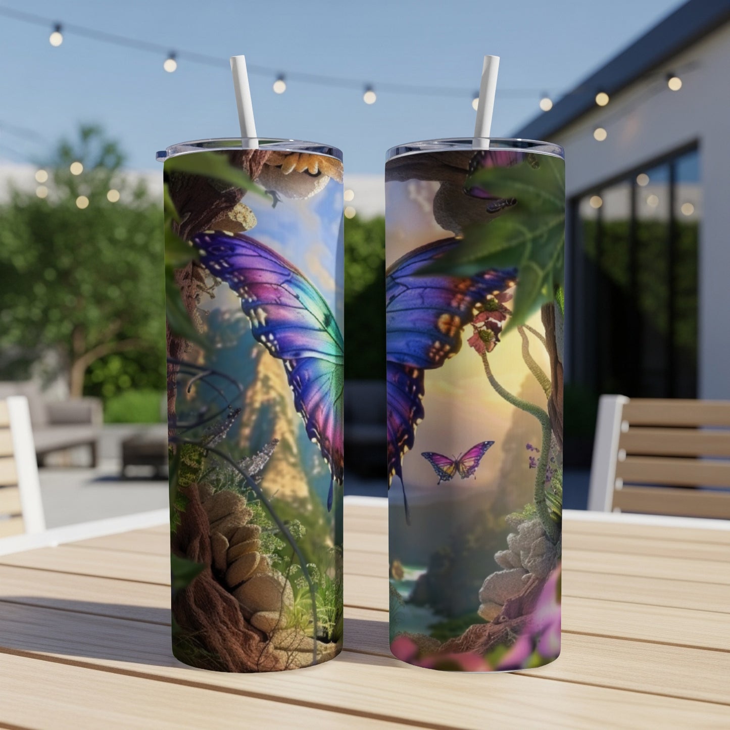 Two tumblers with iridescent butterfly designs sit on a table outdoors.