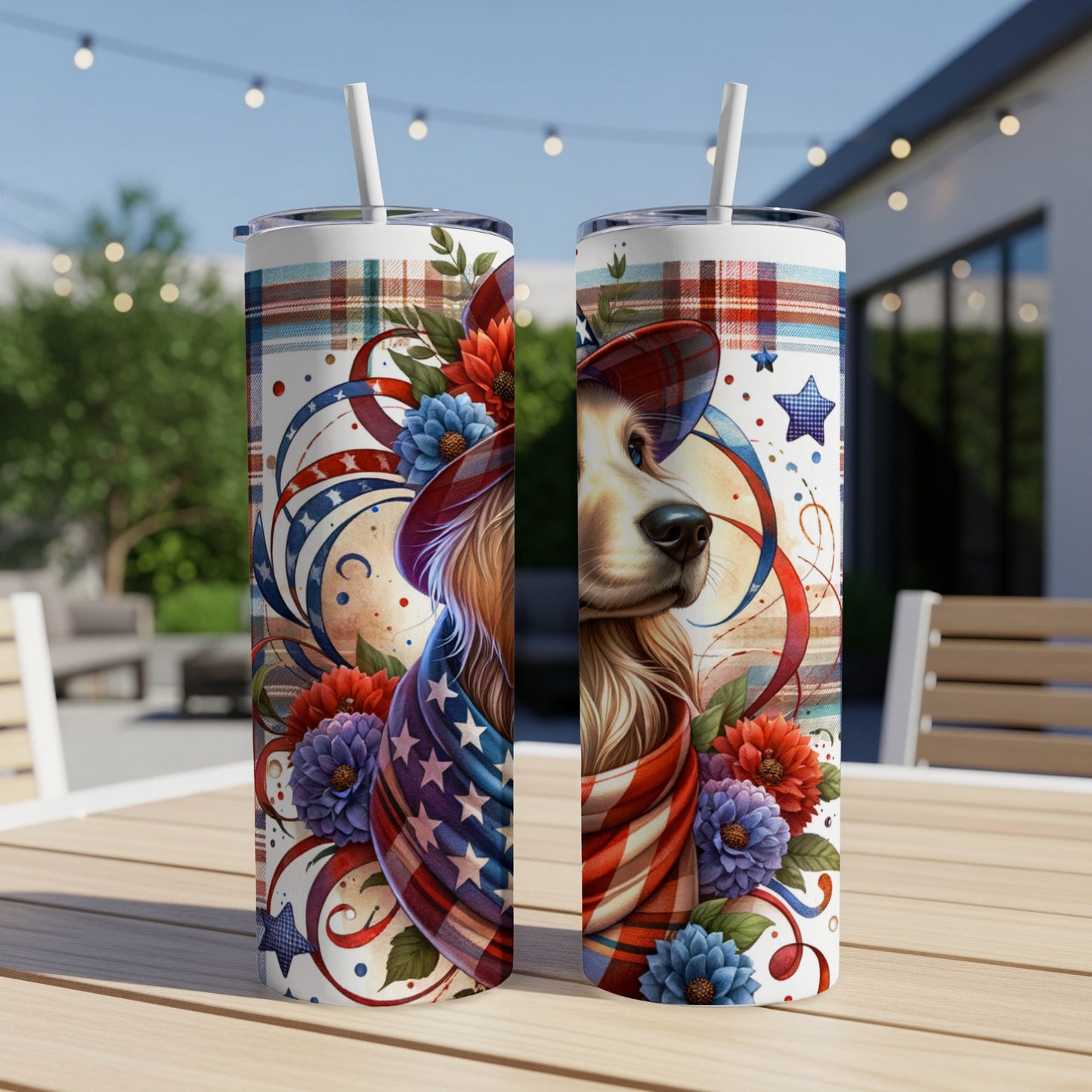 Golden retriever wearing a patriotic bandana and hat, floral accents.