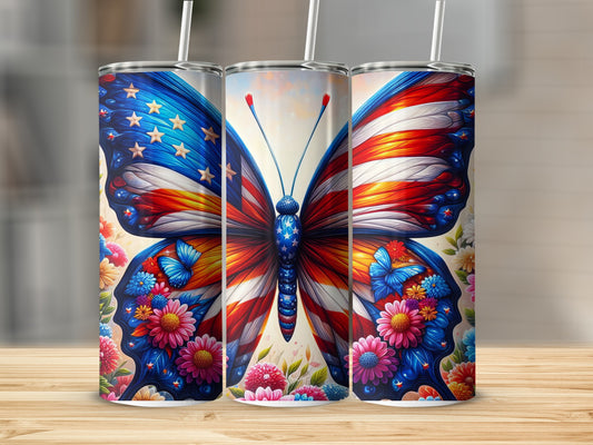 American flag butterfly design on three tumblers with floral accents.