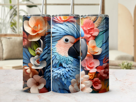 Blue parrot with colorful flowers on a tumbler, presented in a home setting.