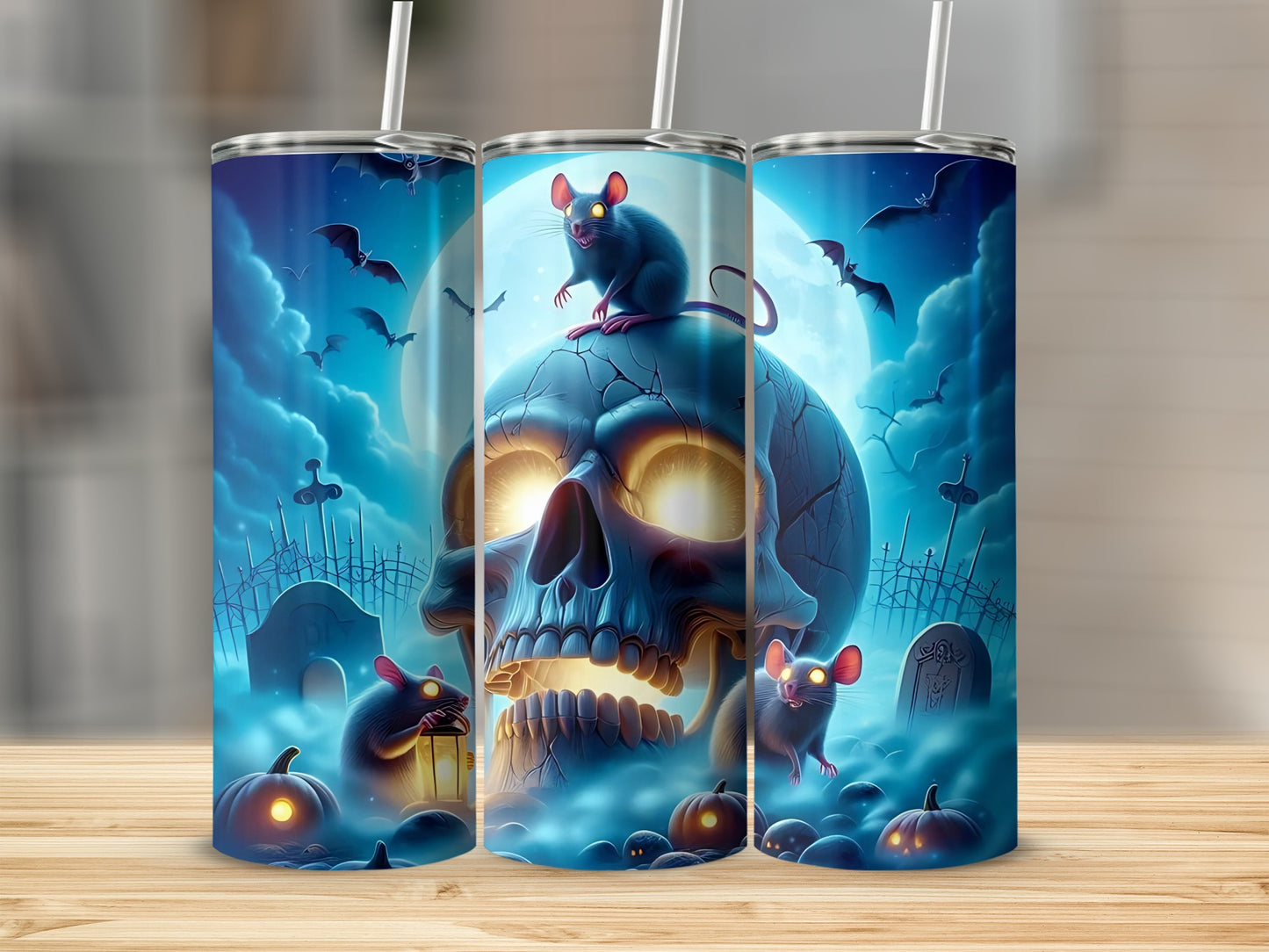 Three tumblers with Halloween design: skull, rats, bats, pumpkins, and graves.