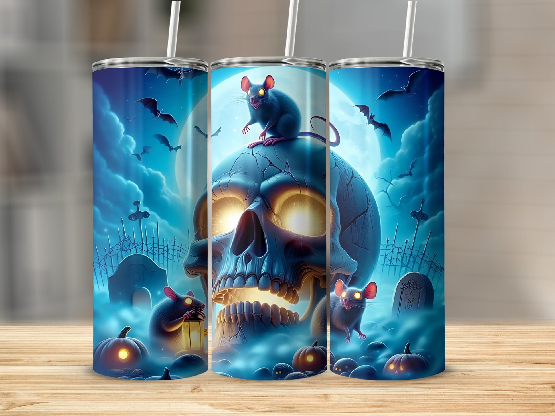 Three tumblers with Halloween design: skull, rats, bats, pumpkins, and graves.