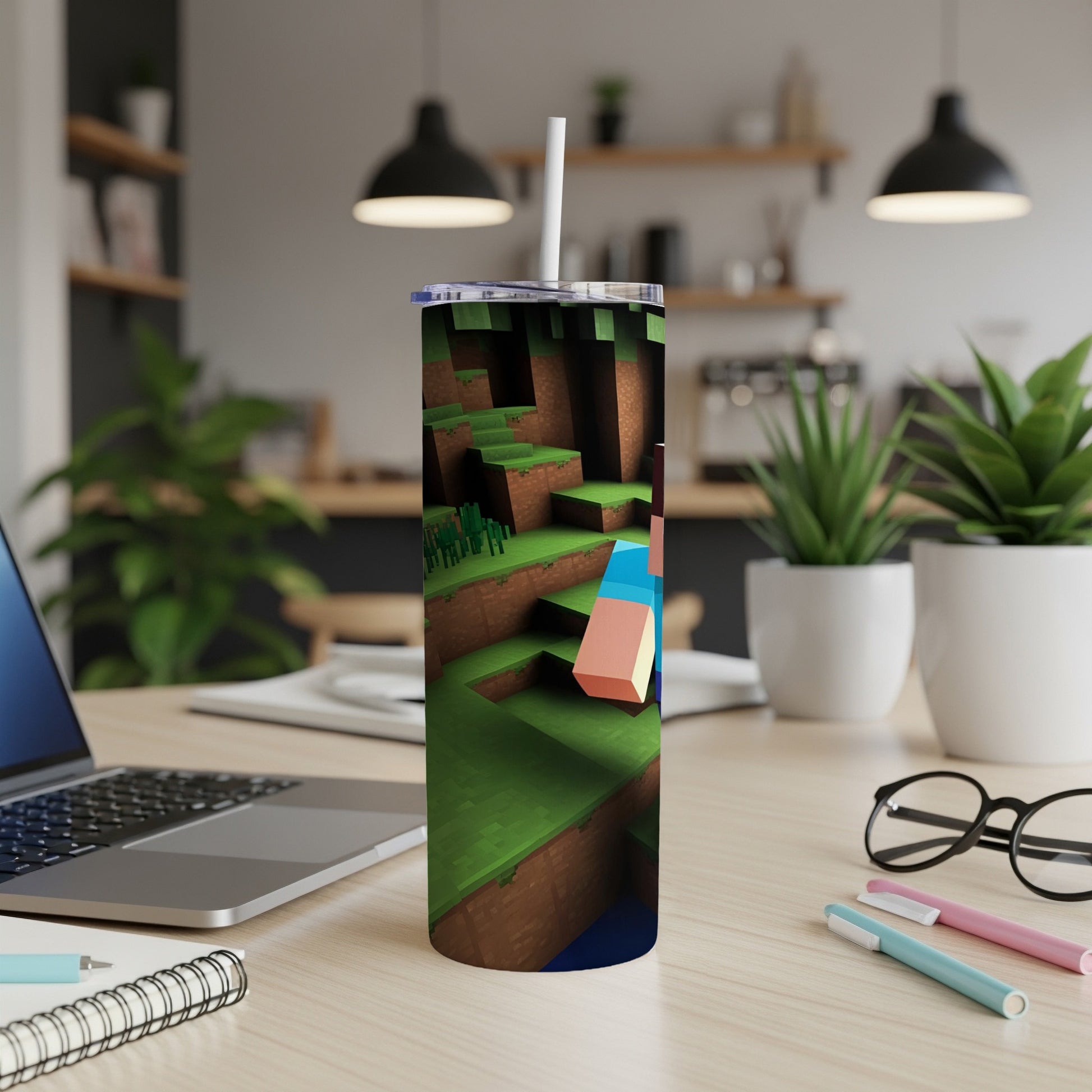 Minecraft scene on a tumbler with a straw, showing a character building.