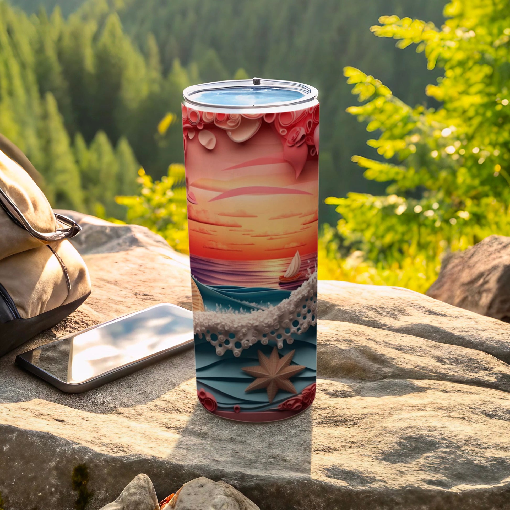 30 oz tumbler with sunset ocean scene design.