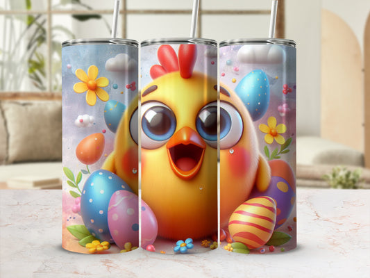 Cartoon chick with Easter eggs and flowers, 20 oz tumbler design.