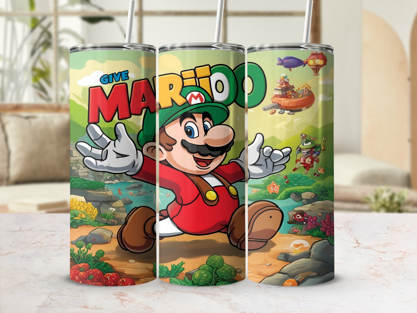 Super Mario characters and "Give Mario" text on a green and yellow tumbler.