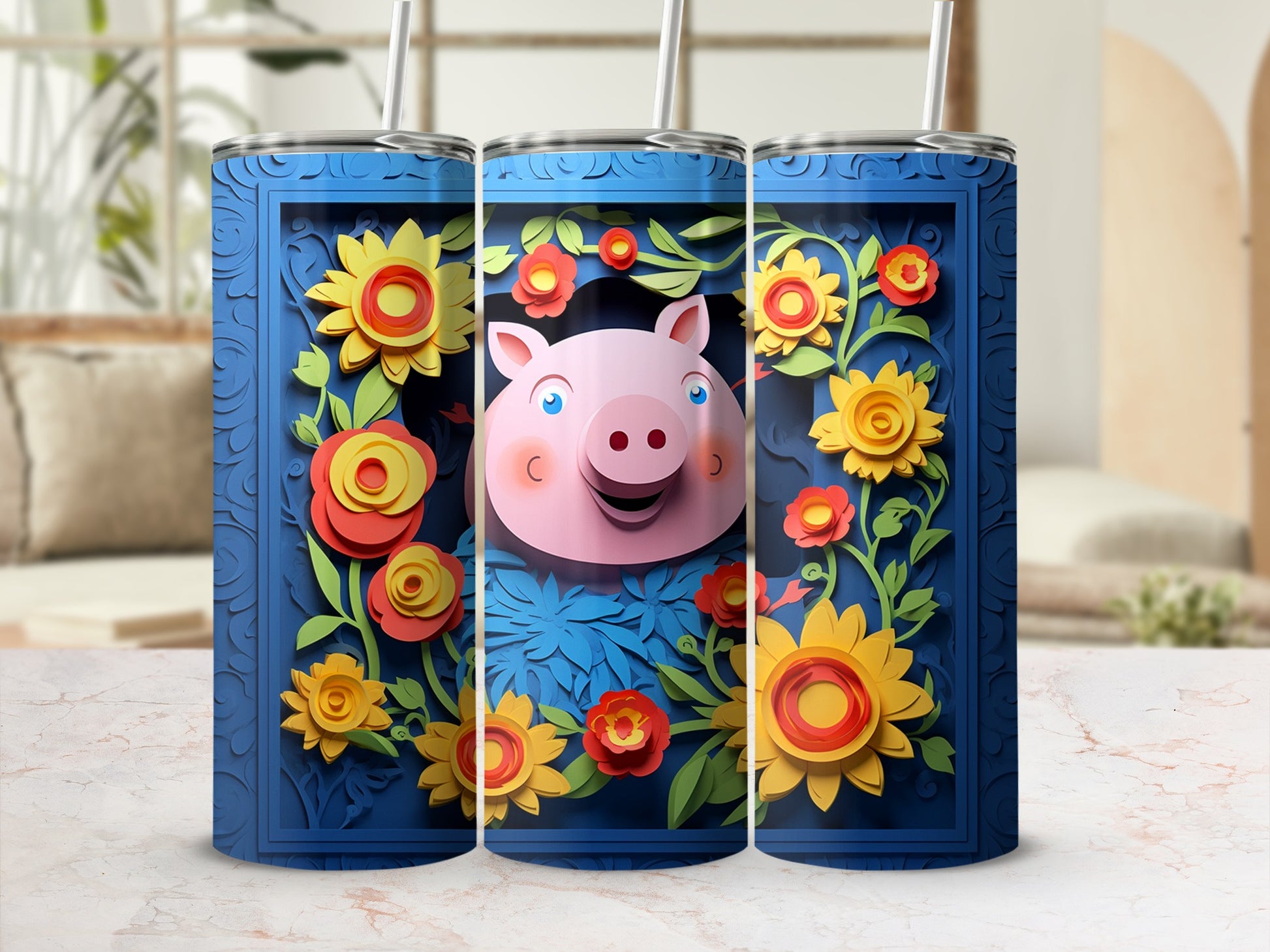 Colorful Floral Pig Design on Blue Tumbler Cup