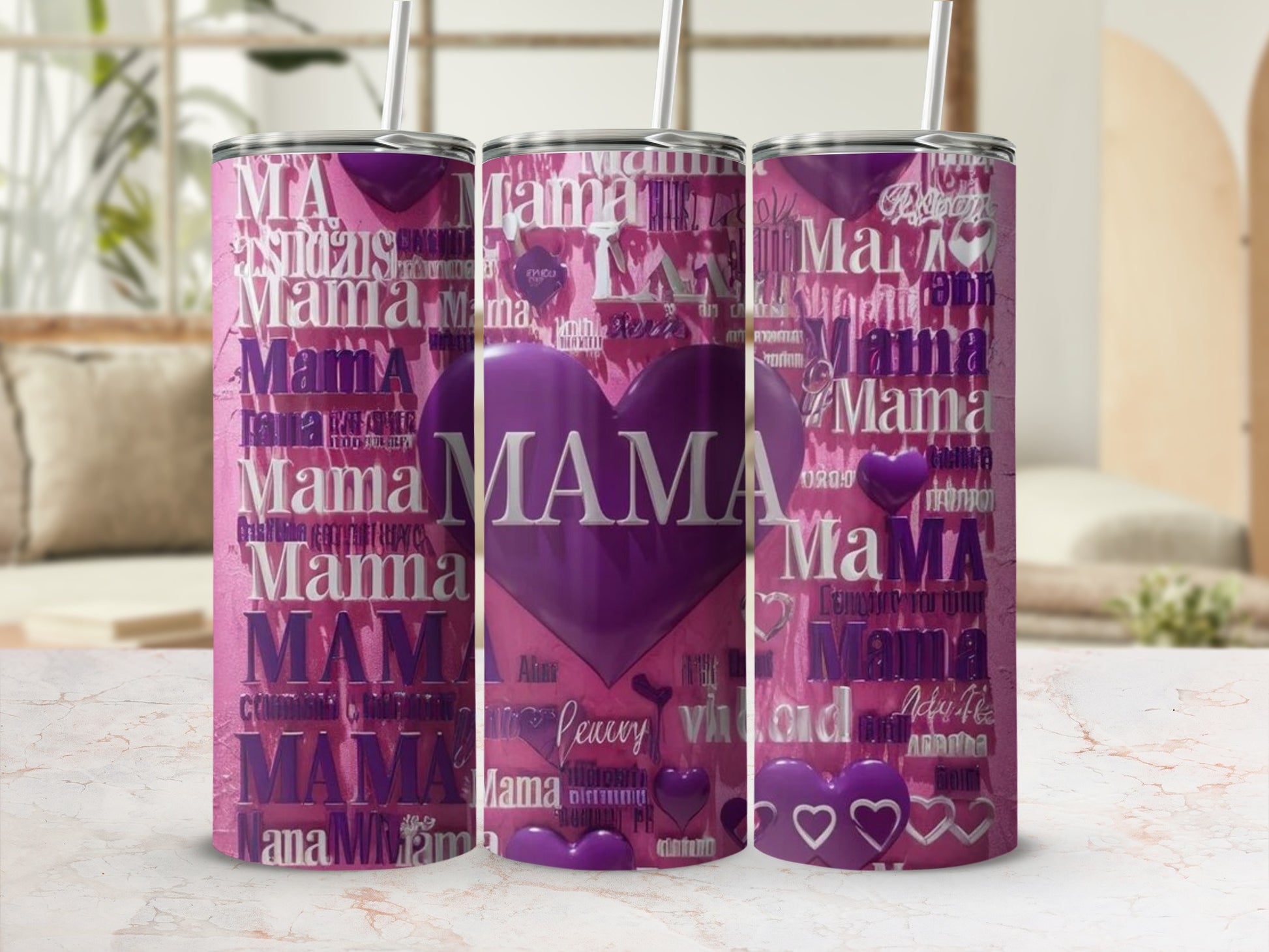 Purple Mama Heart Design Tumbler with Straw Cup