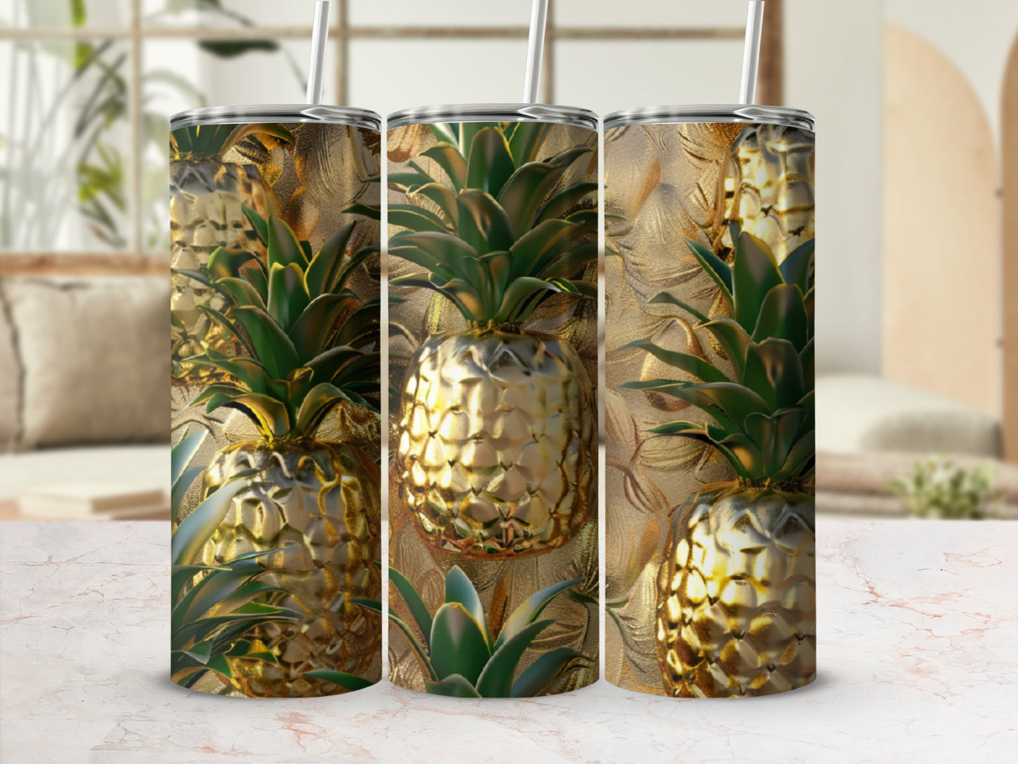 Gold pineapple pattern on a textured tumbler with a straw.