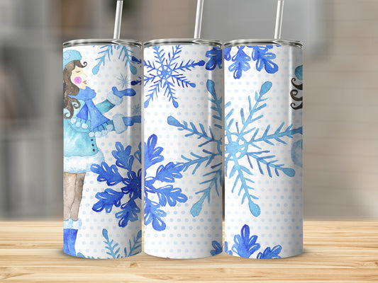 Watercolor illustration of a girl and snowflakes on a white background.