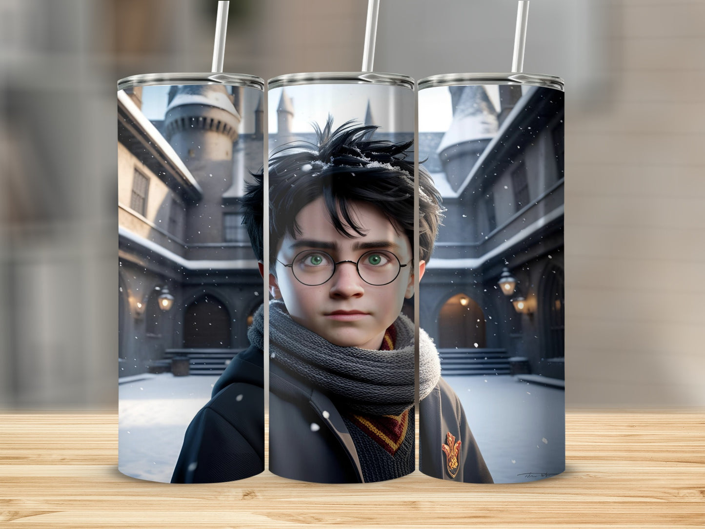 Harry Potter character design on a tumbler with a snowy Hogwarts background.