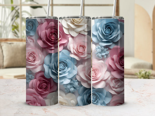 Three tumblers with floral patterns in pink, blue, and cream.