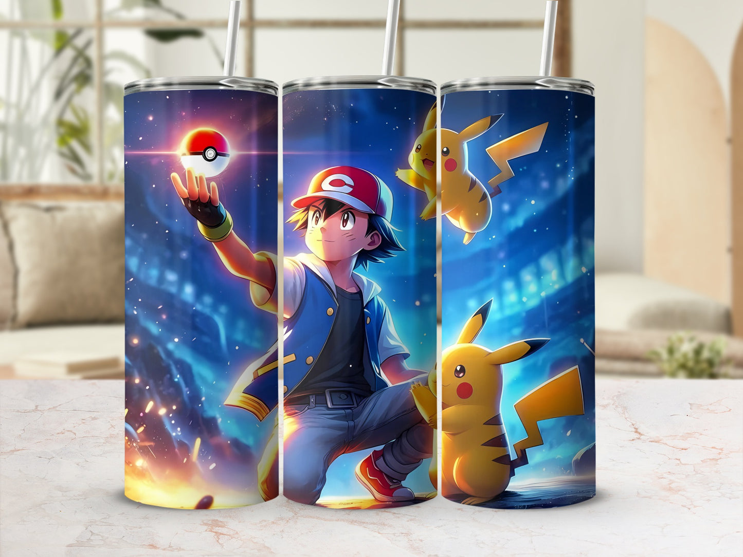 Vibrant Anime Character and Pikachu Stainless Steel Tumblers