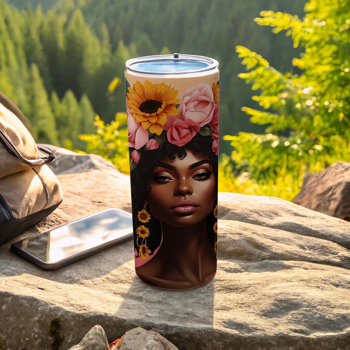 Tumbler with floral crown illustration of a Black woman's face.