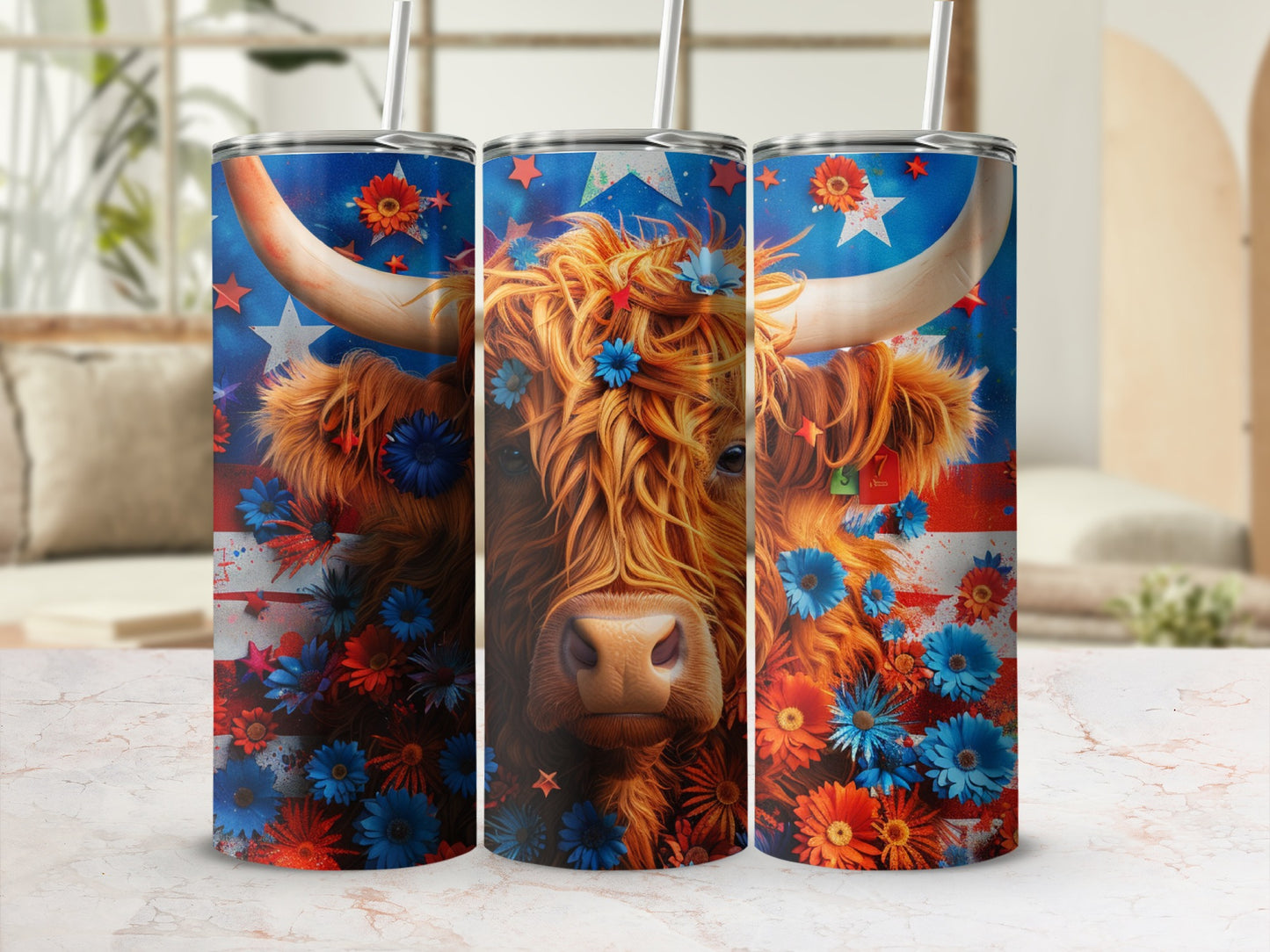 Highland cow with floral and star pattern on tumblers.