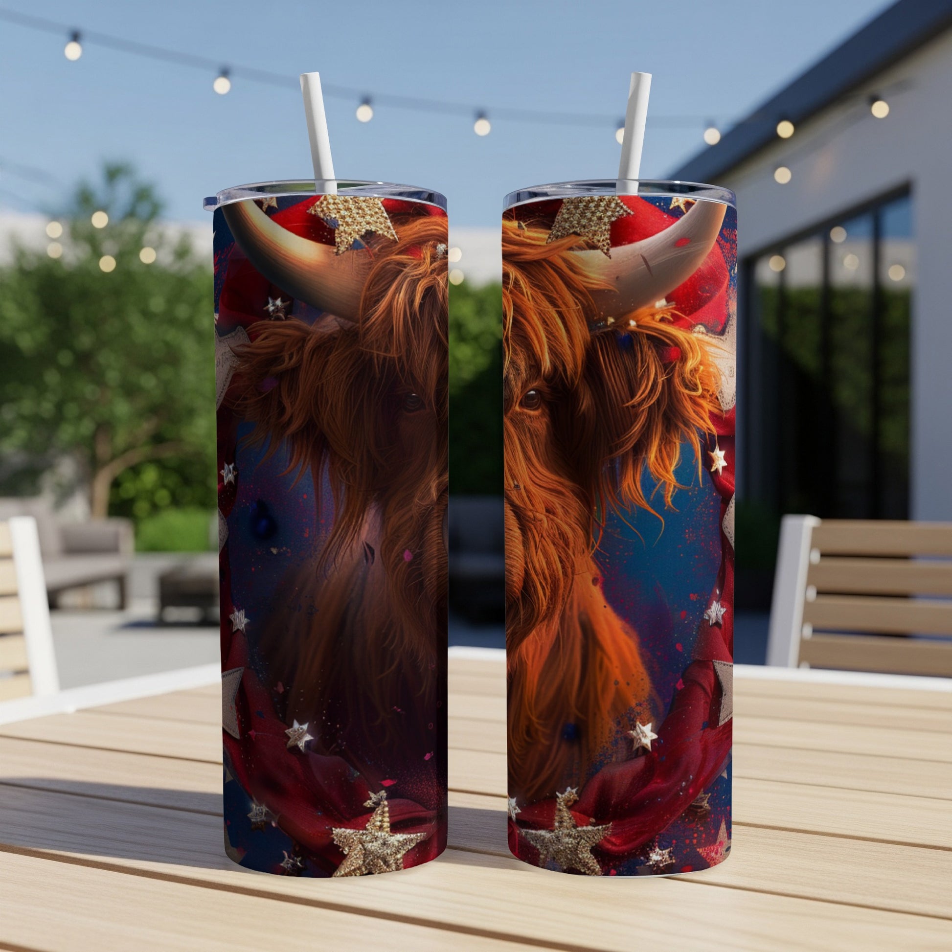 Two tumblers featuring a Highland cow and patriotic stars and stripes.