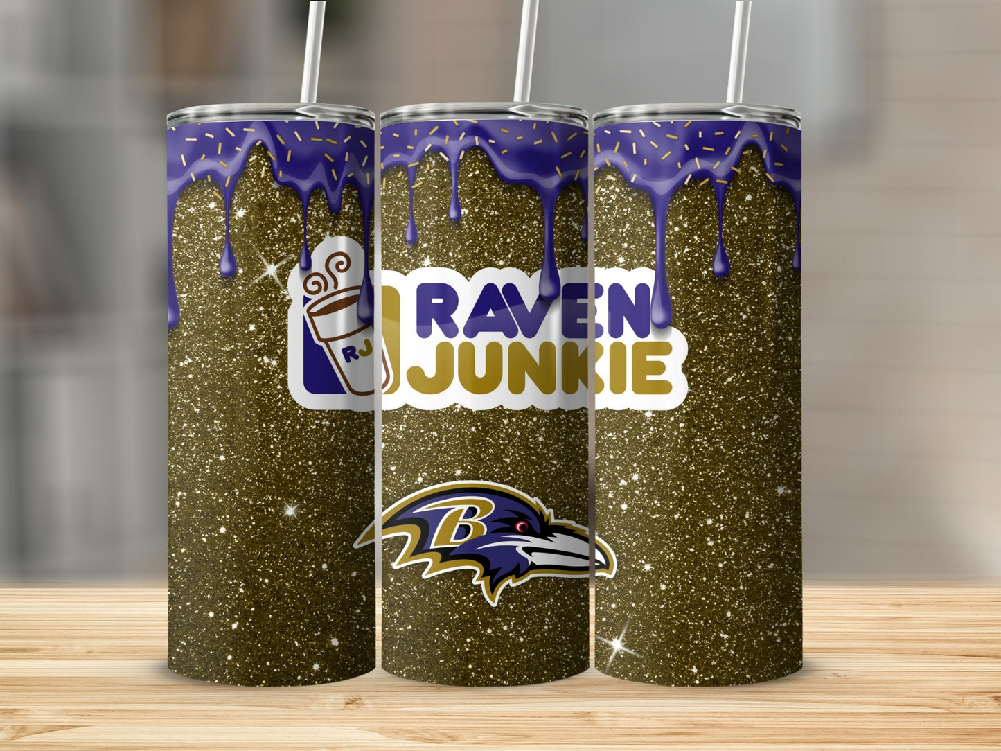 Raven Junkie Glitter Tumbler with Purple Drip Design