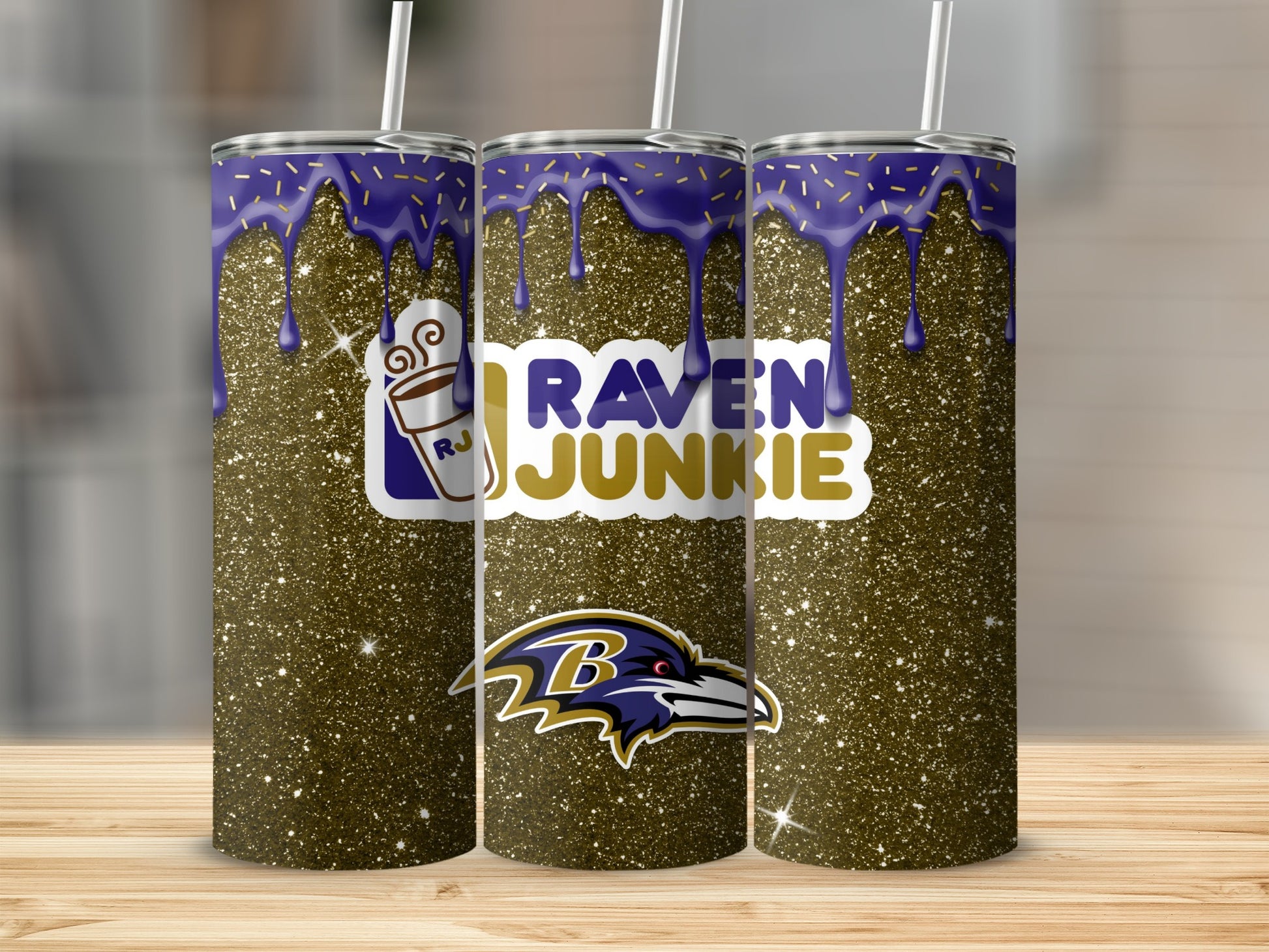 Raven Junkie Glitter Tumbler with Purple Drip Design