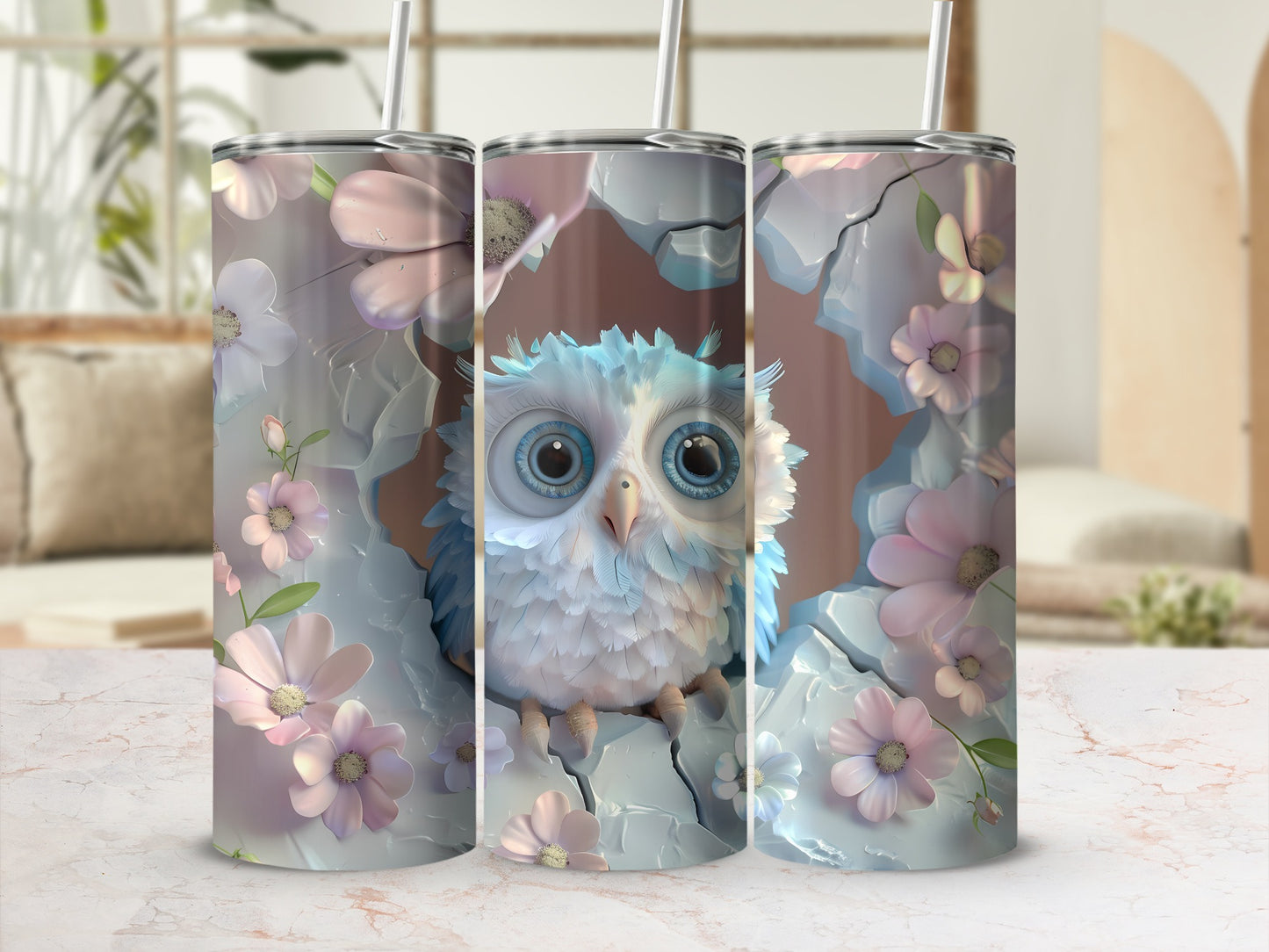 3D rendering of a cute owl with floral accents on a tumbler.