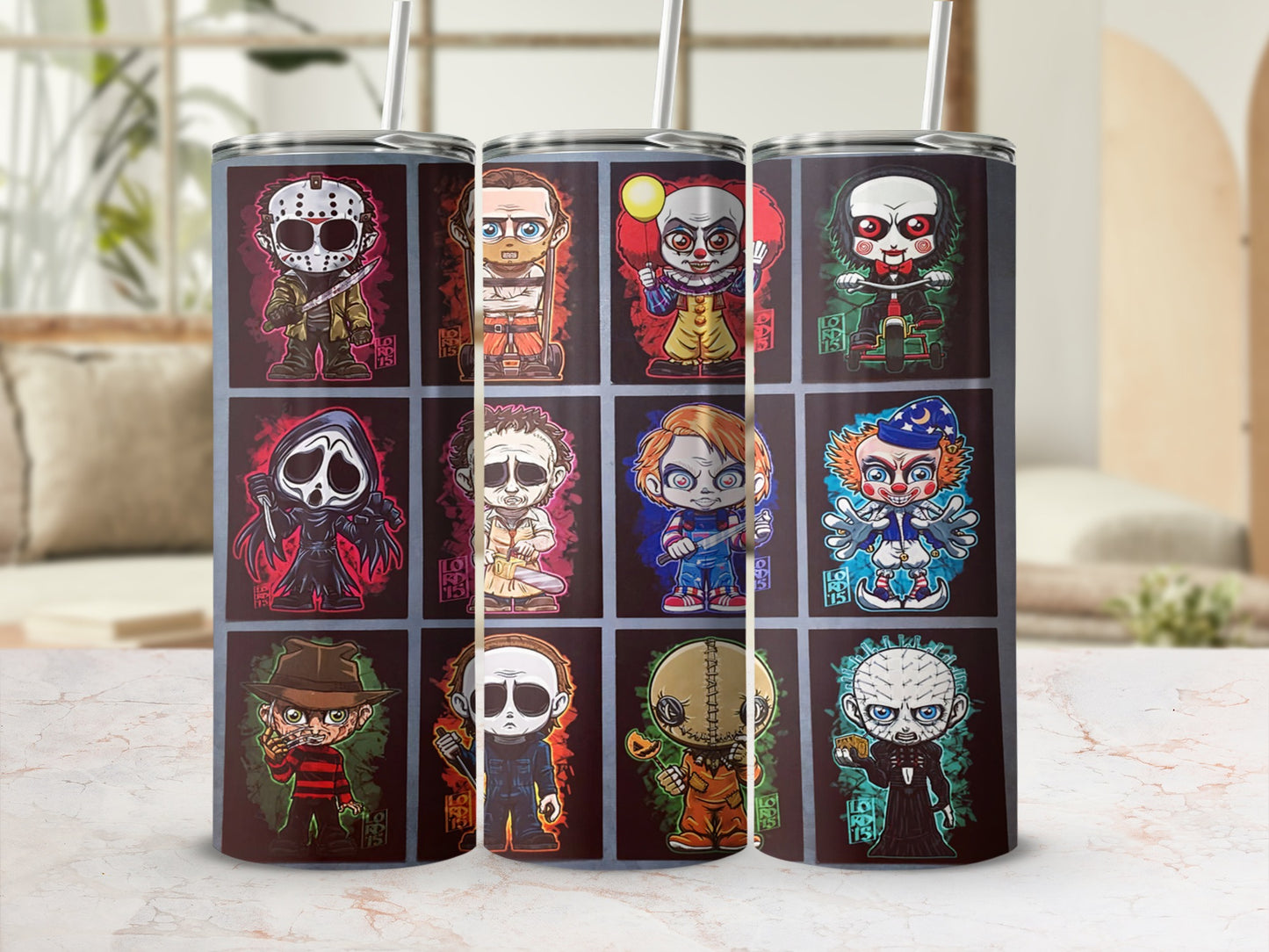 Three tumblers featuring rows of chibi horror movie characters.