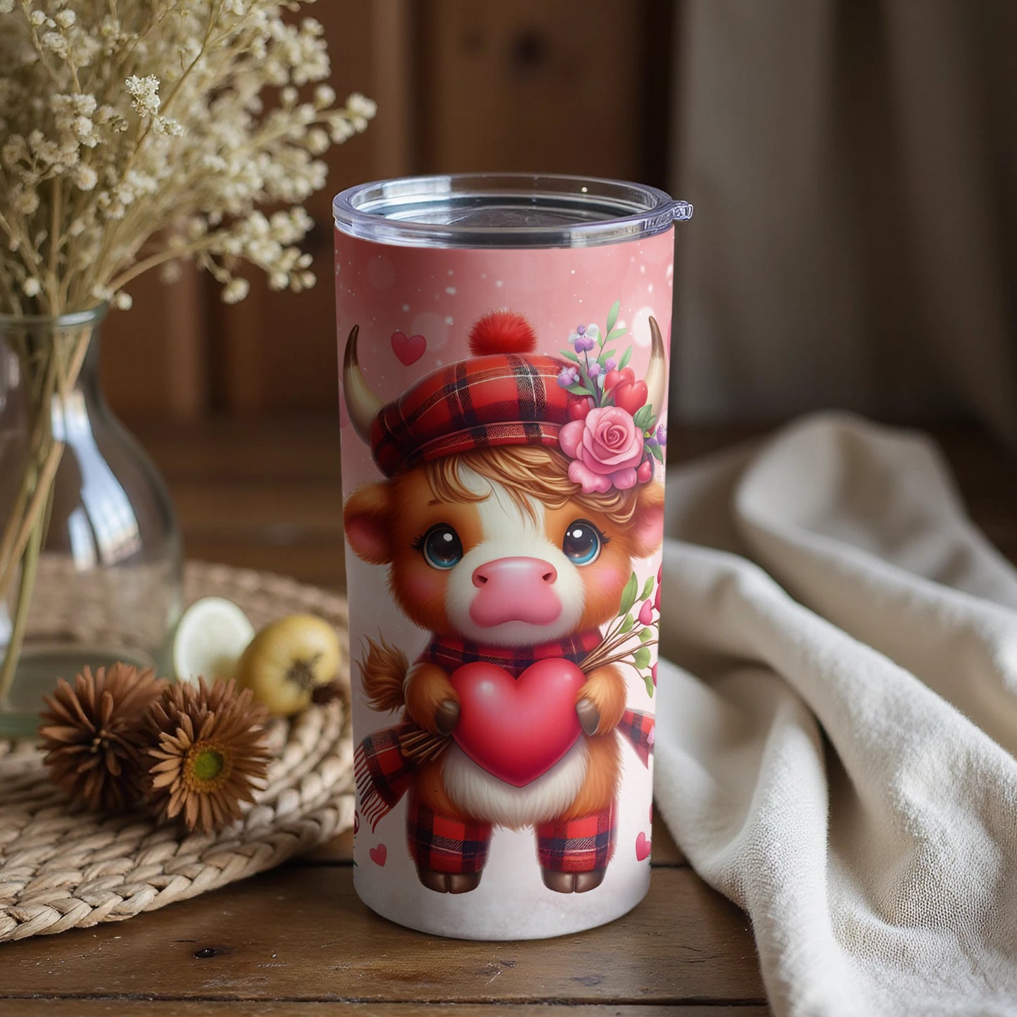 Cute Highland Cow with Heart Pink Tumbler Product