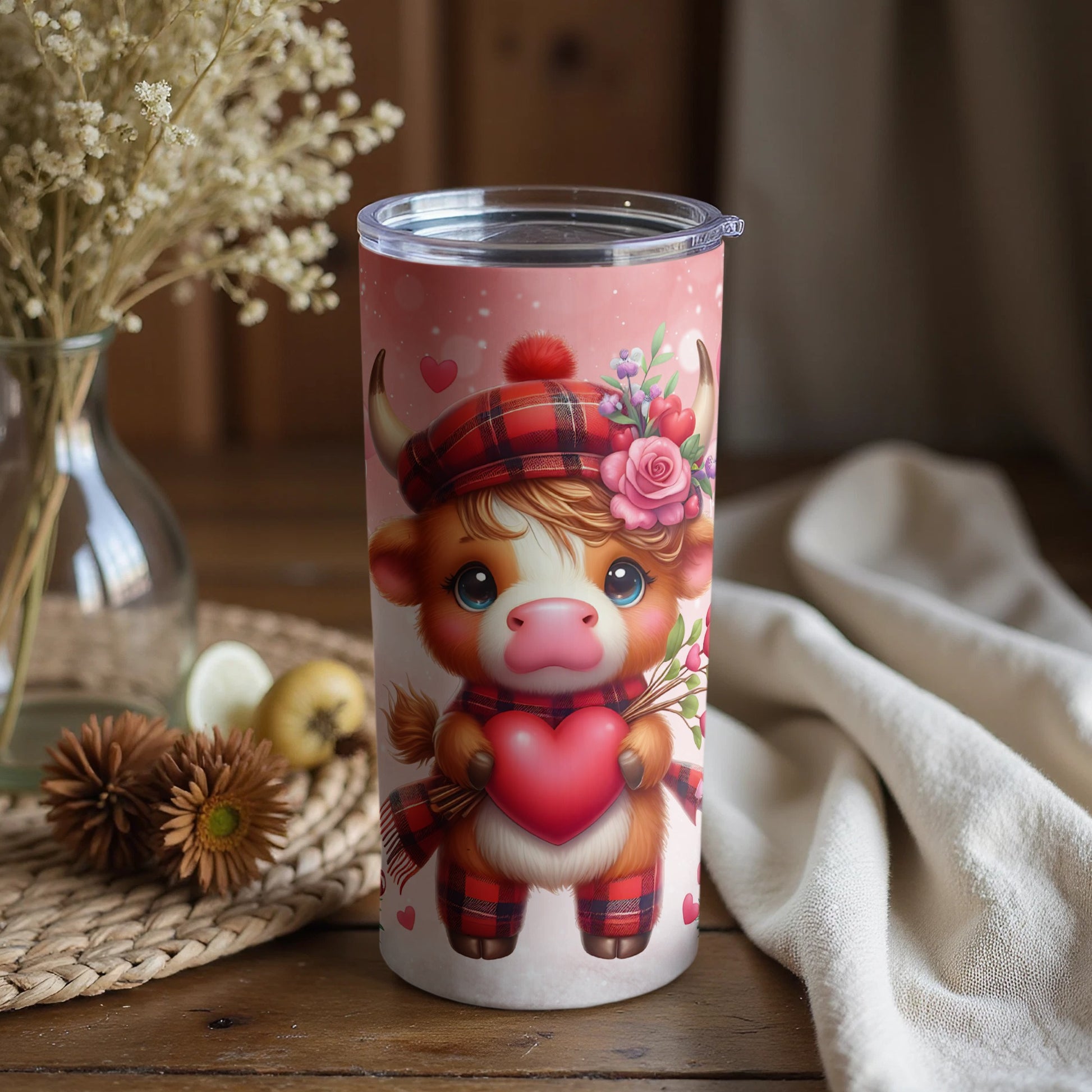 Cute Highland Cow with Heart Pink Tumbler Product