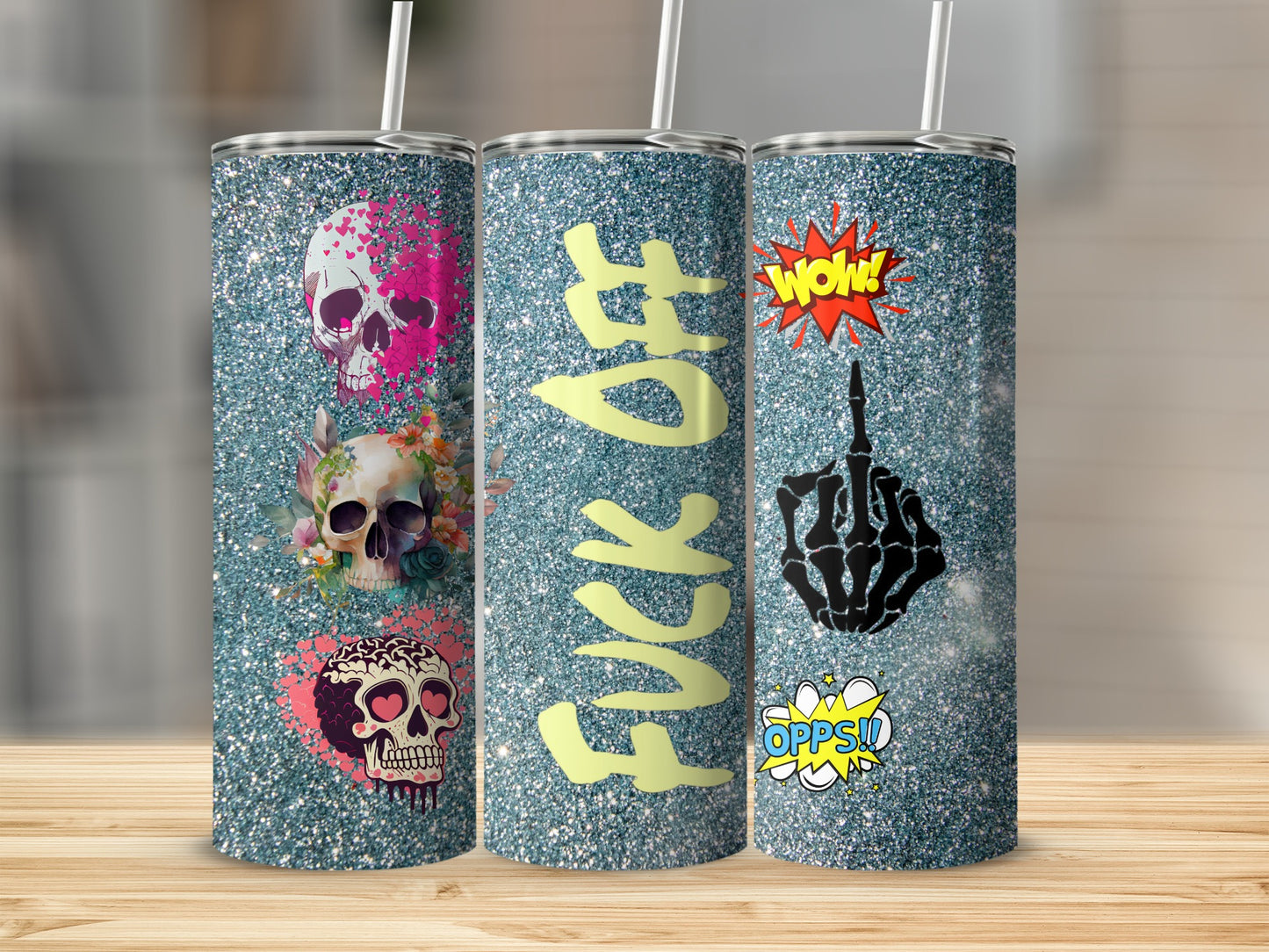 Skull and Middle Finger Glitter Design Tumbler
