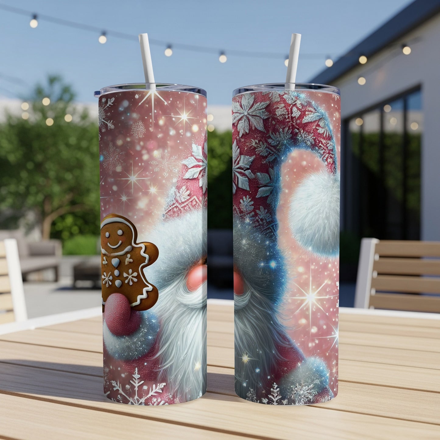 Two tumblers with Santa Claus and gingerbread man Christmas design.