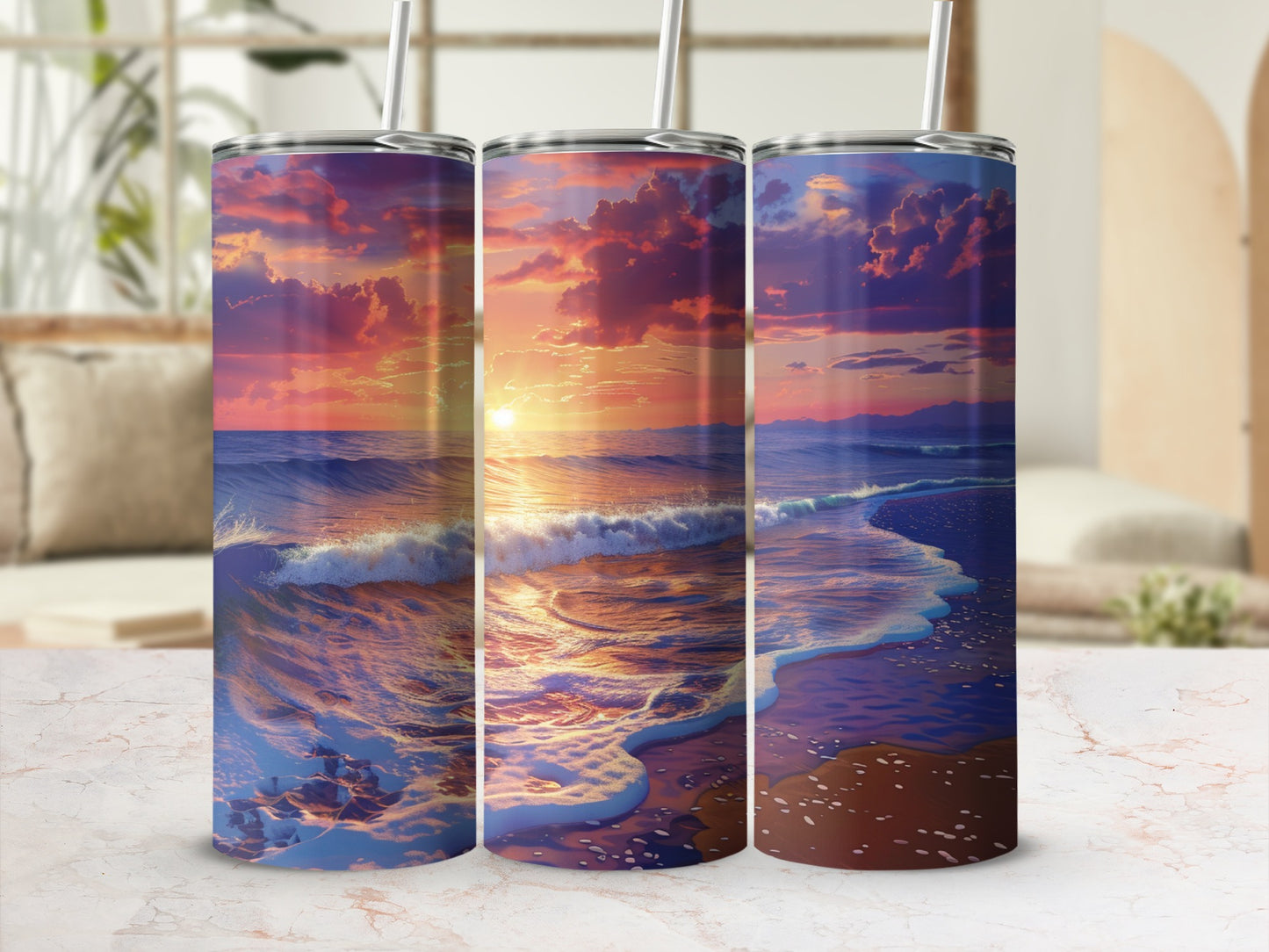 Tumblers with a vibrant sunset beach scene and crashing waves.