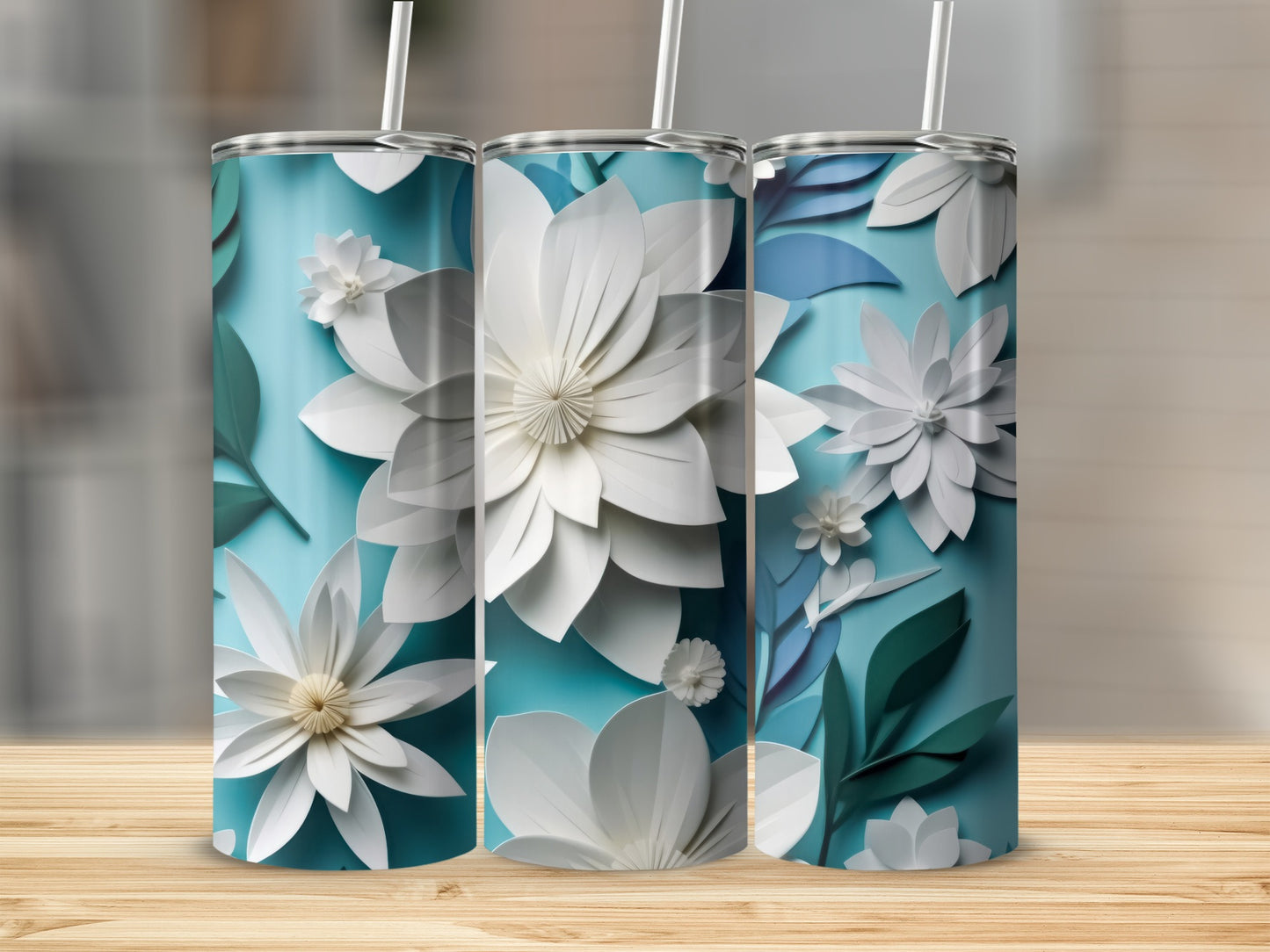 Blue White Geometric Floral Design Stainless Steel Tumblers